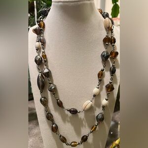 Vintage Glass Beaded and Wire Wrapped  Necklace in Brown and Cream
